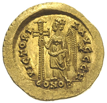 Marcjan 450-457, solidus ok. 450, Konstantynopol, oficyna H, Aw: Popiersie cesarza na wprost, Rw: Wiktoria stojąca w lewo, trzymająca długi ozdobny krzyż, w prawym polu gwiazda, złoto 4.47 g, RIC 510, bardzo ładny egzemplarz