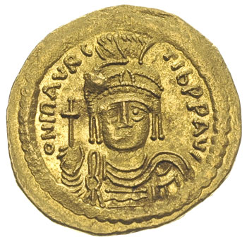Maurycy Tyberiusz 582-602, solidus, Konstantynopol, oficyna S, Aw: Popiersie cesarza w hełmie z jabłkiem królewskim na wprost, Rw: Anioł stojący na wprost, trzymający długi krzyż i jabłko królewskie, w polu po lewej I, złoto 4.47 g, Sear 478, DOC 5, bardzo ładny egzemplarz