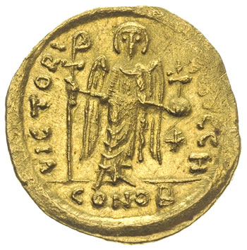 Maurycy Tyberiusz 582-602, solidus wagi 23 silikw, Antiochia, oficyna H, Aw: Popiersie cesarza w hełmie z jabłkiem królewskim na wprost, w polu po prawej gwiazda, Rw: Anioł stojący na wprost, trzymający długi krzyż i jabłko królewskie, w polu po prawej gwiazda, złoto 4.28 g, Sear 528, DOC 150