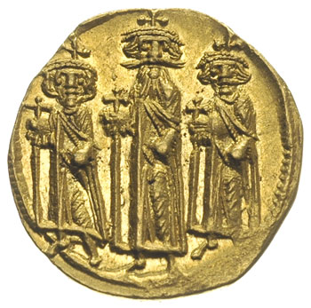 Herakliusz, Herakliusz Konstantyn i Heraklonas 638-641, solidus 638, Konstantynopol, oficyna Δ, Aw: Trzy postacie stojące na wprost z długimi krzyżami, Rw: Krzyż na trzystopniowej podstawie, w polu po lewej i prawej monogramy +Ph i A, złoto 4.37 g, Sear 764, DOC 39c, pięknie zachowany