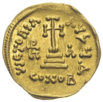 Herakliusz, Herakliusz Konstantyn i Heraklonas 638-641, solidus 638, Konstantynopol, oficyna Δ, Aw: Trzy postacie stojące na wprost z długimi krzyżami, Rw: Krzyż na trzystopniowej podstawie, w polu po lewej i prawej monogramy +Ph i A, złoto 4.37 g, Sear 764, DOC 39c, pięknie zachowany