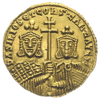 Bazyli I i Konstantyn 868-879, solidus 868-879, Konstantynopol, oficyna B, Aw: Chrystus siedzący na tronie na wprost, Rw: Popiersia dwóch cesarzy na wprost, trzymających razem długi krzyż, złoto 4.33 g, Sear 1704, DOC 2, rzadki i bardzo ładnie zachowany