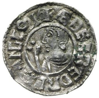Aethelred II 978-1016, denar z lat 991-997, mennica Winchester, mincerz Aethelgar, Aw: Popiersie króla trzymającego berło w lewo, Rw: Krzyż dwunitkowy, w polach litery C-R-V-X, srebro 1.69 g, Spink 1148, North 770
