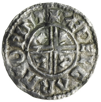 Aethelred II 978-1016, denar z lat 991-997, mennica Winchester, mincerz Aethelgar, Aw: Popiersie króla trzymającego berło w lewo, Rw: Krzyż dwunitkowy, w polach litery C-R-V-X, srebro 1.69 g, Spink 1148, North 770