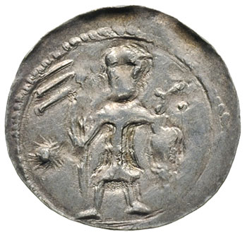 Bolesław Kędzierzawy 1146-1173, denar, Aw: Dwaj książęta za stołem, Rw: Rycerz z chorągwią i tarczą, srebro 0.52 g, Stronczyński  59, bardzo ładny