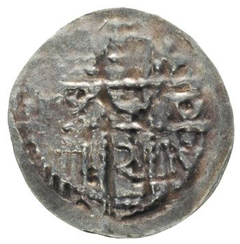 Bolesław Wysoki 1163-1201, denar, Aw: Dwie postacie z chorągwią, Rw: Dwa skrzyżowane napisy, srebro 0.36 g, Stronczyński  174, Suchodolski 3c