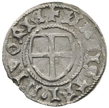 szeląg 1434-1450, Rewal, Aw: Krzyż w tarczy, wok