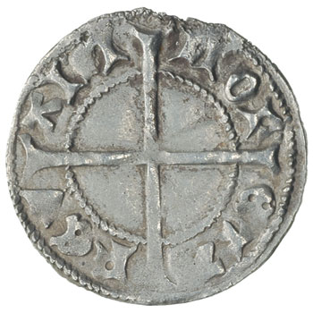 szeląg 1434-1450, Rewal, Aw: Krzyż w tarczy, wok