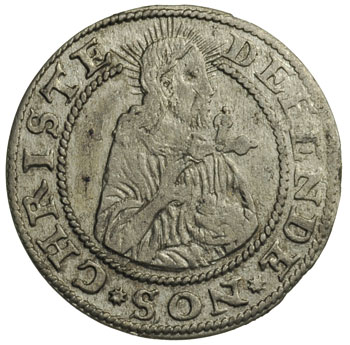 grosz oblężniczy 1577, Gdańsk, moneta bez kawki wybita w czasie gdy zarządcą mennicy był K. Goebl, na awersie głowa Chrystusa przerywa wewnętrzną obwódkę, T. 2.50