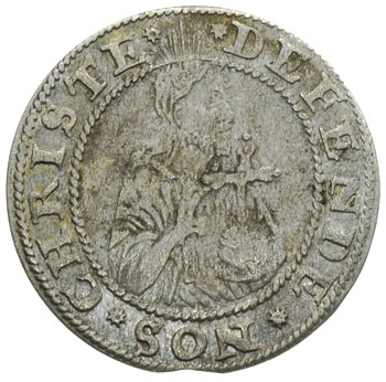grosz oblężniczy 1577, Gdańsk, moneta bez kawki wybita w czasie gdy zarządcą mennicy był K. Goebl, na awersie głowa Chrystusa nie przerywa wewnętrznej obwódki, na początku i na końcu napisu gwiazdki, T. 2.50