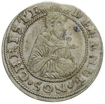 grosz oblężniczy 1577, Gdańsk, moneta bez kawki wybita w czasie gdy zarządcą mennicy był K. Goebl, na awersie głowa Chrystusa nie przerywa wewnętrznej obwódki, bez gwiazdek, T. 2.50