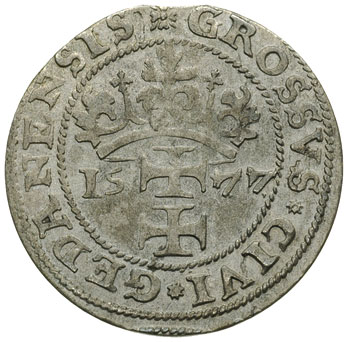 grosz oblężniczy 1577, Gdańsk, moneta bez kawki wybita w czasie gdy zarządcą mennicy był K. Goebl, na awersie głowa Chrystusa nie przerywa wewnętrznej obwódki, bez gwiazdek, T. 2.50