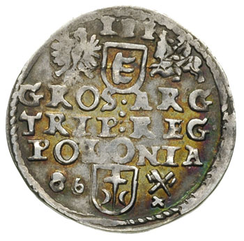 trojak 1586, Poznań, data z lewej strony herbu podskarbiego, Iger P.86.2.e (R1), bardzo ładny, patyna