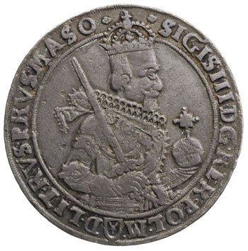talar 1630, Bydgoszcz, odmiana z wąskim popiersiem króla i kokardą na plecach, srebro 28.58 g, Dav. 4315, T. 6, patyna