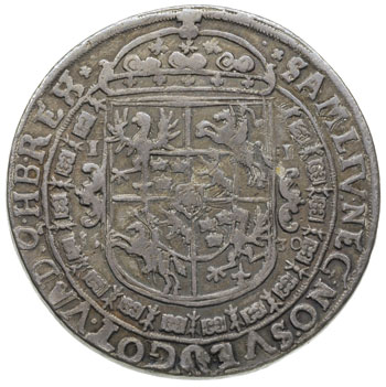 talar 1630, Bydgoszcz, odmiana z wąskim popiersiem króla i kokardą na plecach, srebro 28.58 g, Dav. 4315, T. 6, patyna
