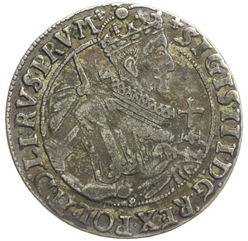 ort 1623, Bydgoszcz, odmiana z napisem PRV : M +, węższa głowa króla a w koronie na rewersie rozetki, patyna