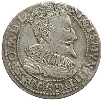 szóstak 1596, Malbork, obwódka wewnętrzna dotyka górnej krawędzi korony, patyna