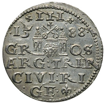 trojak 1588, Ryga, odmiana z dużą głową króla, Iger R.88.2.a (R1), Gerbaszewski 15,  moneta wybita nieco uszkodzonym stemplem, ale pięknie zachowana