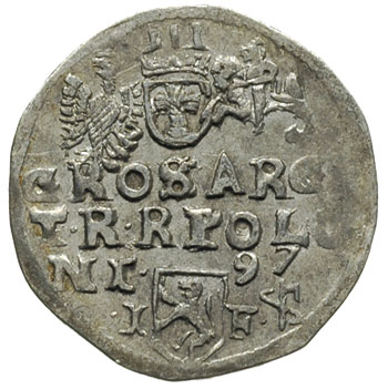 trojak 1597, Lublin, u dołu znak mincerski, Iger L.97.19.c. (R3), rzadki