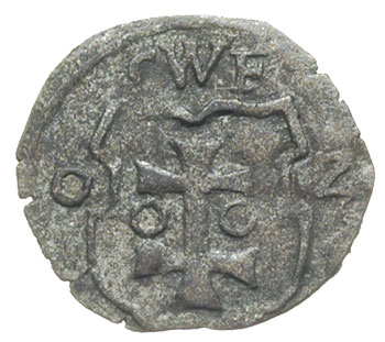 denar 1602, Wschowa, odmiana ze skróconą datą 0 - Z, podobny H-Cz. 6764 (R5), T. 25, znane dotąd egzemplarze posiadają datę 16 - 02 lub 6 - 02, odmiana 0 - Z nienotowana, ogromna rzadkość, bardzo ładny egzemplarz, patyna