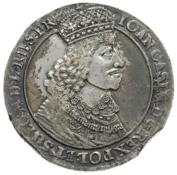 talar 1649, Gdańsk, odmiana z małą głową króla, srebro 28.37 g Dav. 4358, T. 7, moneta wybita z końca blachy, kolorowa patyna