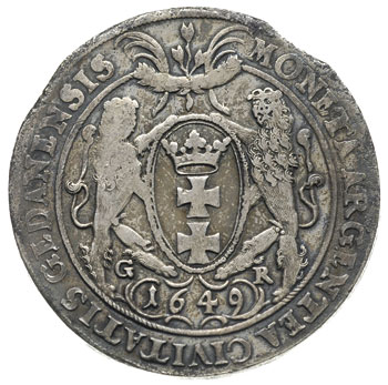 talar 1649, Gdańsk, odmiana z małą głową króla, srebro 28.37 g Dav. 4358, T. 7, moneta wybita z końca blachy, kolorowa patyna