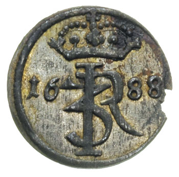 szeląg 1688, Gdańsk, rzadka moneta z ładnym blaskiem menniczym