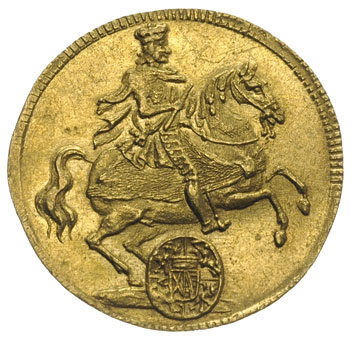 dukat wikariacki 1711, Drezno, Aw: Dwa stoły z insygniami, Rw: Król na koniu, złoto 3.48 g, Merseb 1487, Fr. 2822, ładnie zachowany
