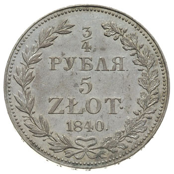 3/4 rubla = 5 złotych 1840, Warszawa, ogon o pojedyńczym rzędzie piór, cyfry daty duże, Plage 365, Bitkin 1146