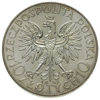 10 złotych 1933, Warszawa, Głowa Kobiety, Parchimowicz 120.c, piękne