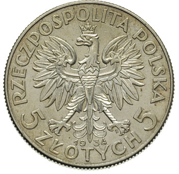 5 złotych 1934, Warszawa, Glowa Kobiety, Parchimowicz 116.d, bardzo ładny egzemplarz