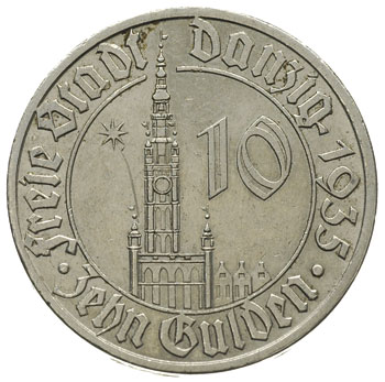 10 guldenów 1935, Berlin, Ratusz Gdański, Parchimowicz 69, drobne rysy w tle, ale rzadkie i dość ładne