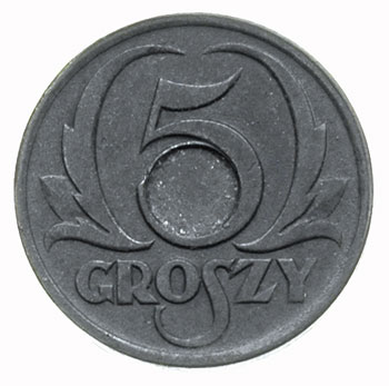5 groszy 1939, Warszawa, moneta \bez otworu\" z wyraźnie zaznaczonym miejscem na otwór