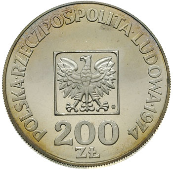 200 złotych 1974, Warszawa, XXX LAT PRL, Parchimowicz 304.b, moneta wybita stemplem lustrzanym, rzadka, delikatna patyna