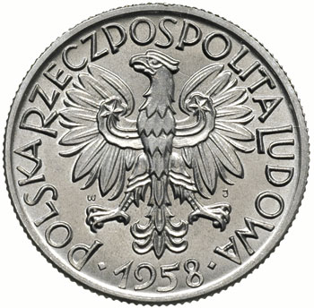 5 złotych 1958, Warszawa, odmiana z wąską cyfrą 8 w dacie, Parchimowicz 220.a, rzadkie i bardzo ładne