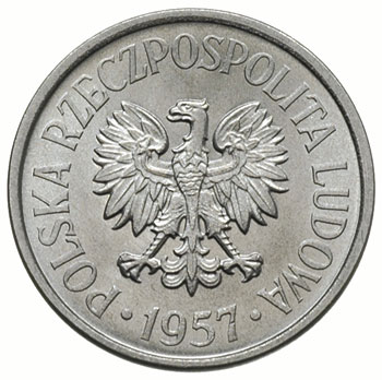 20 groszy 1957, Warszawa, odmiana z mniejszymi cyframi daty, Parchimowicz 208.a, piękne