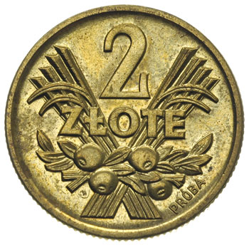 2 złote 1958, na rewersie wypukły napis PRÓBA, mosiądz 8.72 g, Parchimowicz P-223.a, nakład 100 sztuk, rzadkie, nierównomierna patyna