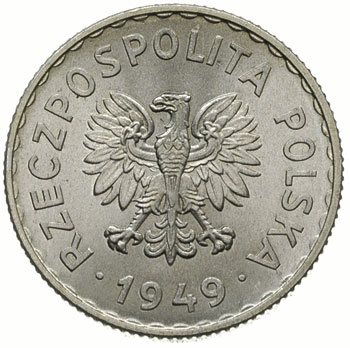 1 złoty 1949, na rewersie wklęsły napis PRÓBA, aluminium 2.22 g, Parchimowicz -, nakład nieznany1, rzadka moneta w wyśmienitym stanie zachowania