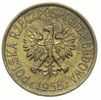 5 groszy 1958, na rewersie wklęsły napis PRÓBA, mosiądz 1.79 g, Parchimowicz -, nakład nieznany, rzadkie
