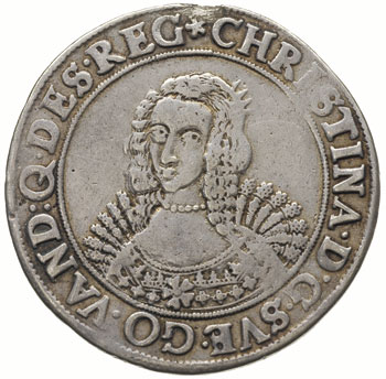 Krystyna 1640-1654, półtalar 1642, Szczecin, srebro 13.99 g, Ahlström 22 (XR), ślad po zawieszce, ekstremalnie rzadki, patyna