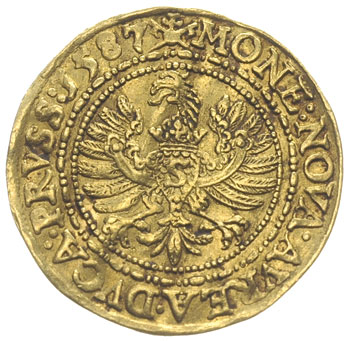 dukat 1587, Królewiec, Aw: Półpostać i napis, Rw: Orzeł i napis, złoto 3,43 g, Bahr. 1283, Fr. 315, gięty