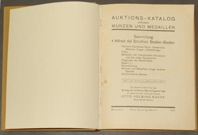 Otto Helbing - Auktions Katalog enthaltend Münzen und Medaillen, Sammlung Alfred del Strother, Baden - Baden, München 1921, całość 140 stron i 32 tablice, katalog aukcyjny Otto Helbing Nachf. z aukcji, która odbyła się w Monachium w 1921 roku, pozycja przedstawia piękny zbiór monet i medali - dużo poloników, twarda oprawa w płótno, ładnie zachowany egzemplarz w solidnej oprawie