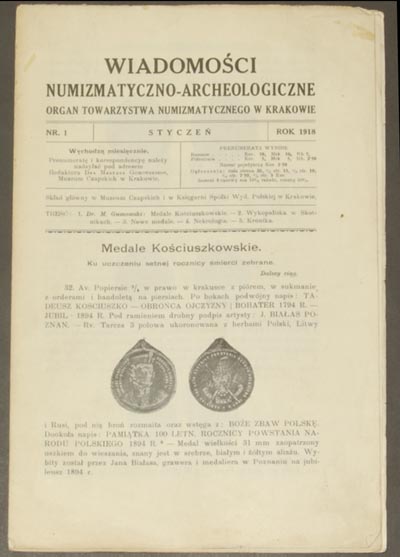 Wiadomości Numizmatyczno - Archeologiczne, rok 1918, zeszyt 1, łącznie 8 stron i 1 tablica, luźny zeszyt