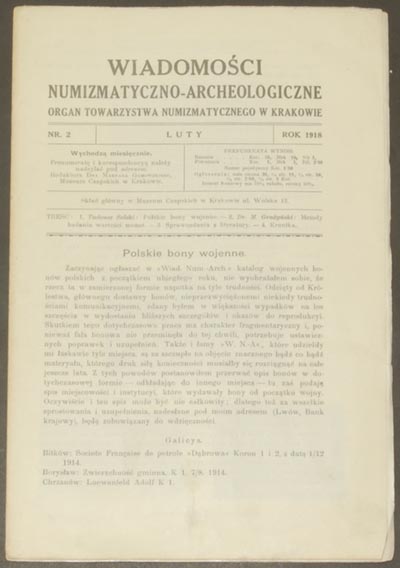 Wiadomości Numizmatyczno - Archeologiczne, rok 1918, zeszyt 2, łącznie 8 stron i 1 tablica, luźny zeszyt