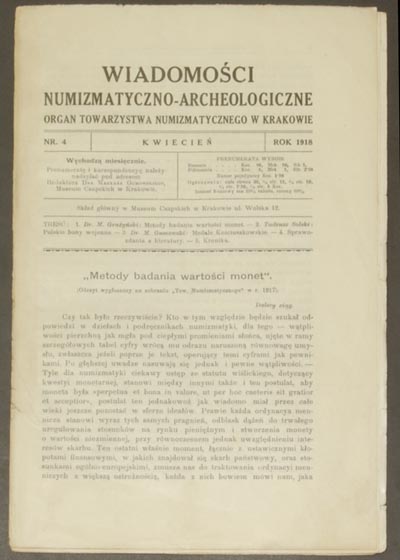 Wiadomości Numizmatyczno - Archeologiczne, rok 1918, zeszyt 4, łącznie 8 stron i 1 tablica,brak cennika,  ostatnia strona częściowo zachowana i podklejona, luźny zeszyt