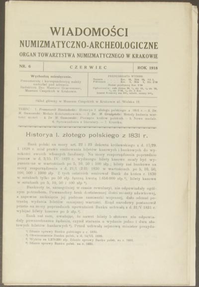 Wiadomości Numizmatyczno - Archeologiczne, rok 1918, zeszyt 6, łącznie 16 stron i 2 tablice, brak cennika luźny zeszyt