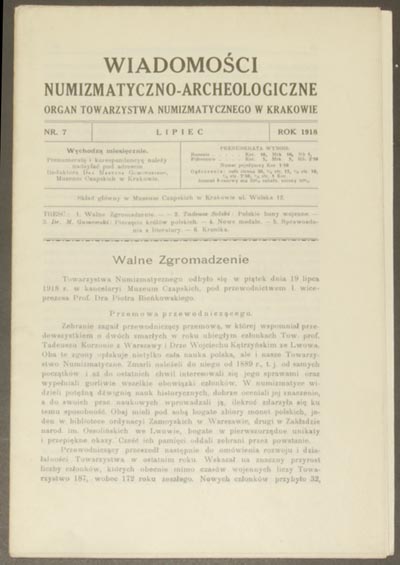 Wiadomości Numizmatyczno - Archeologiczne, rok 1918, zeszyt 7, łącznie 16 stron i 1 tablica, brak cennika luźny zeszyt