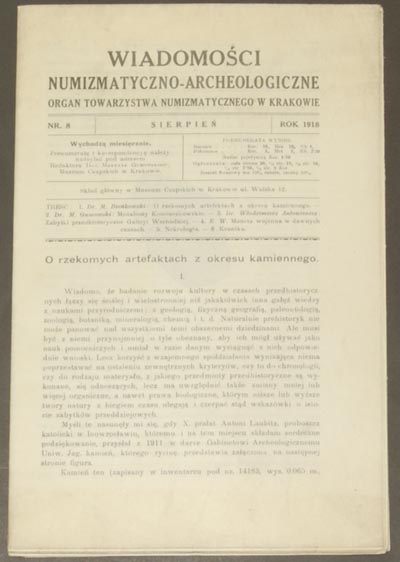 Wiadomości Numizmatyczno - Archeologiczne, rok 1918, zeszyt 8, łącznie 16 stron 1 tablica i cennik, luźny zeszyt