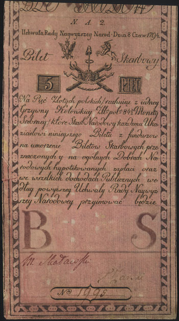 5 złotych 8.06.1794, seria N.A.2, Miłczak A1c, Lucow 10 (R4), naderwanie na lewym marginesie
