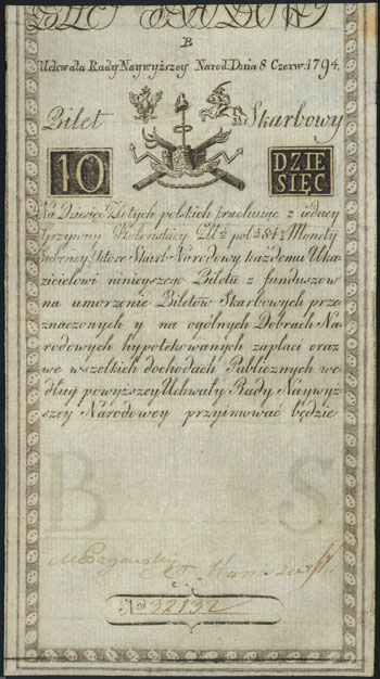 10 złotych 8.06.1794, seria B, widoczny znak wodny, Miłczak A2, Lucow 18 (R3), bardzo ładny egzemplarz